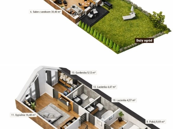 Rzut 3D — Typ A2: parter 61,75 m² i poddasze 51,06 m²