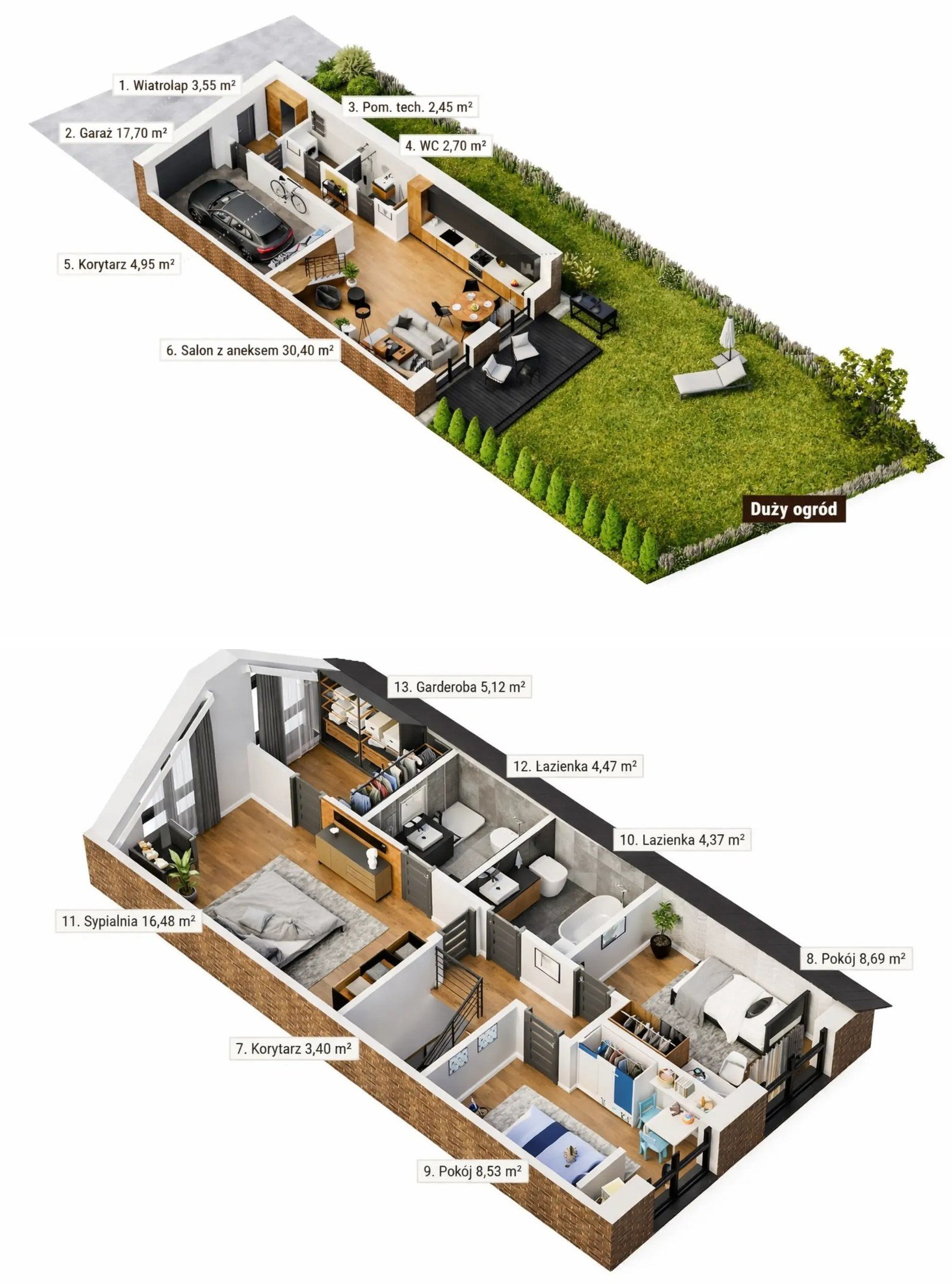 Rzut 3D — Typ A2: parter 61,75 m² i poddasze 51,06 m²