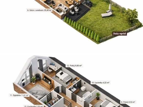 Rzut 3D — Typ A: parter 61,75 m² i poddasze 50,8 m²