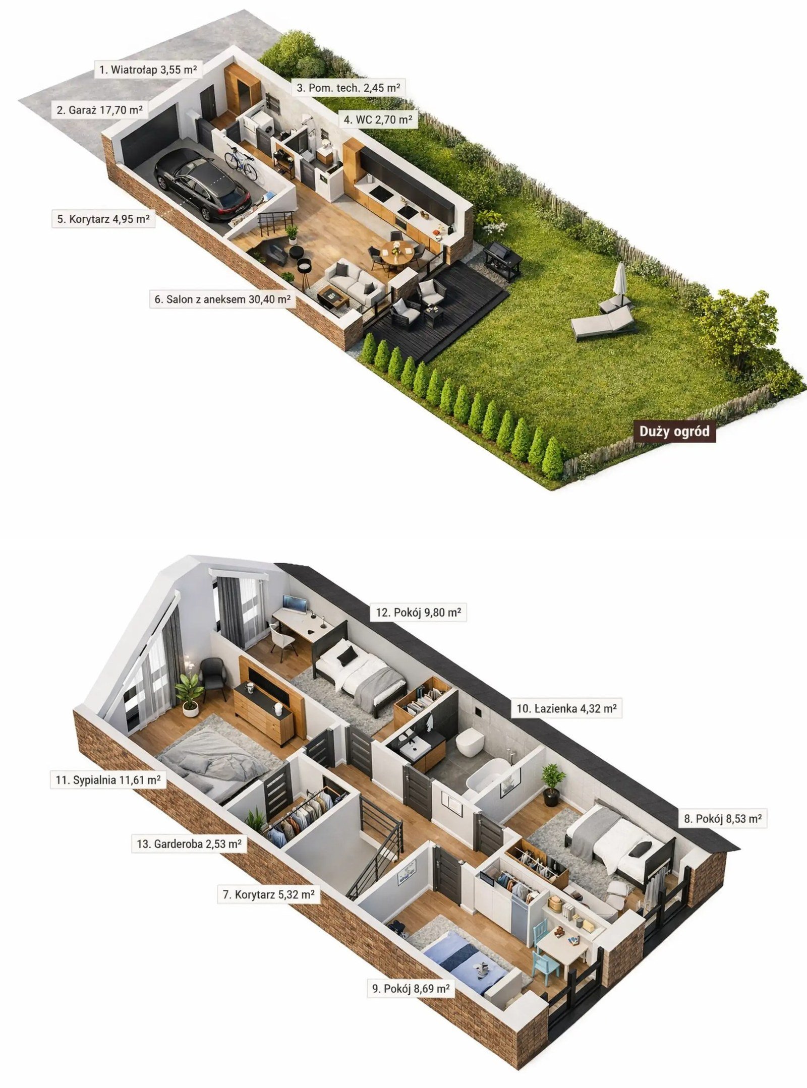 Rzut 3D — Typ A: parter 61,75 m² i poddasze 50,8 m²