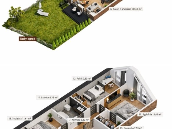 Rzut 3D — Typ B: parter 61,75 m² i poddasze 50,8 m²