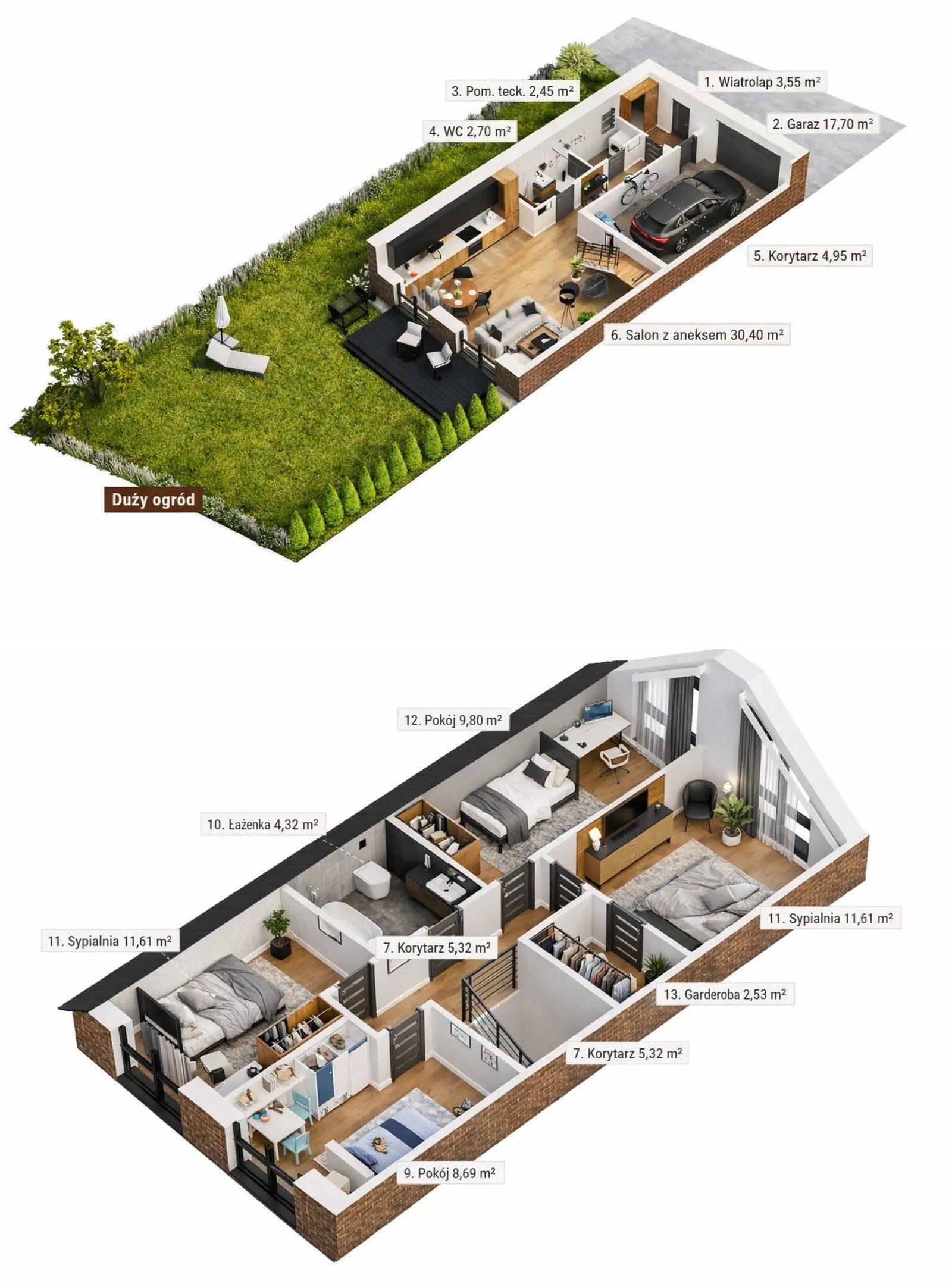Rzut 3D — Typ B: parter 61,75 m² i poddasze 50,8 m²