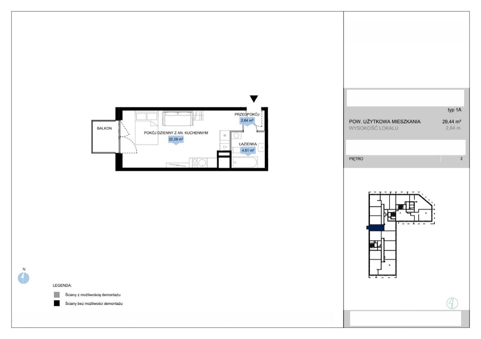Rzut E2 12 — Bulwar Północny etap II, 29,44 m²