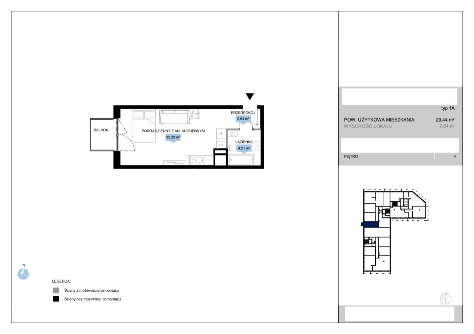 Rzut E2 26 — Bulwar Północny etap II, 29,44 m²