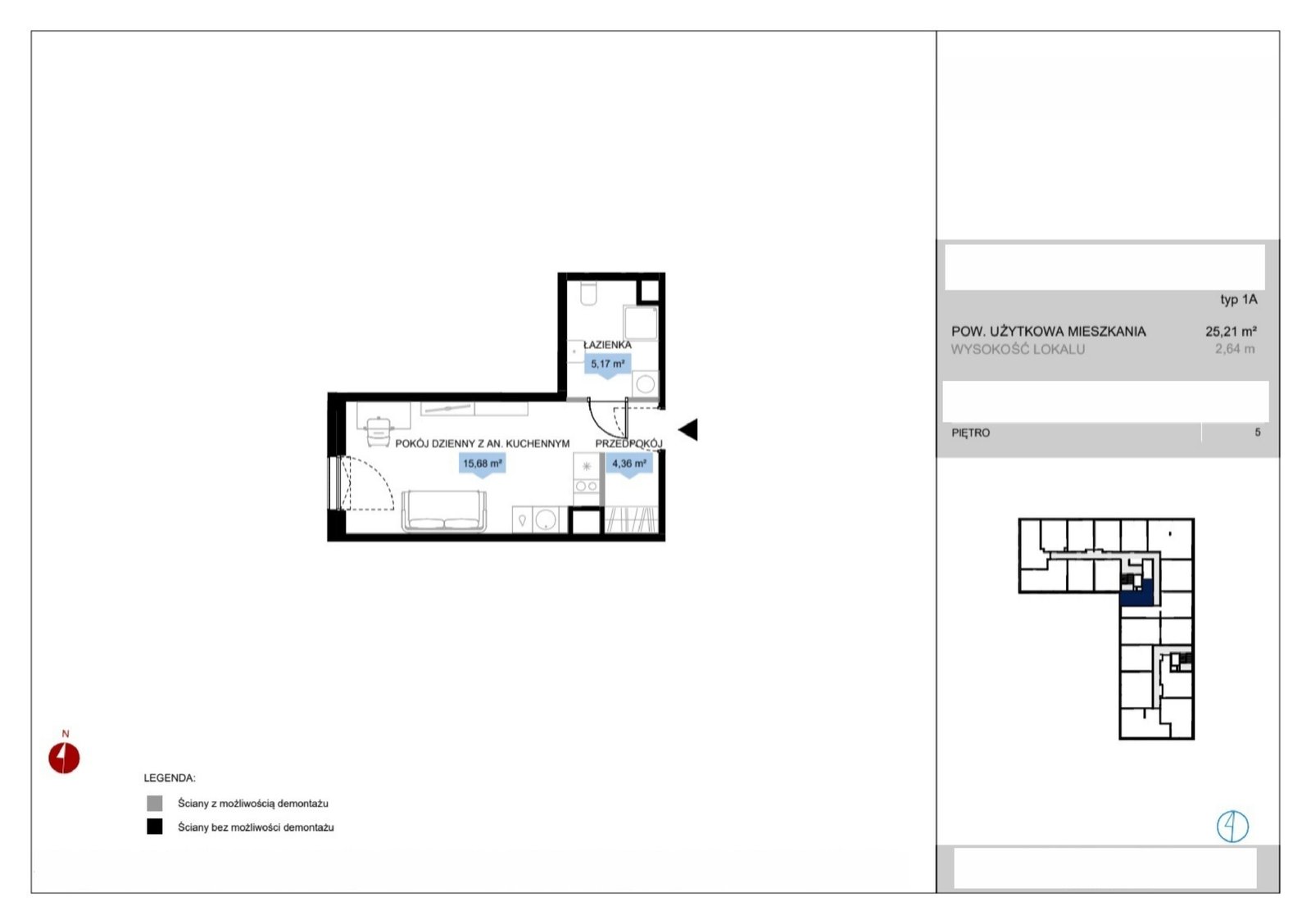Rzut D1 66 — Bulwar Północny, 25,21 m²