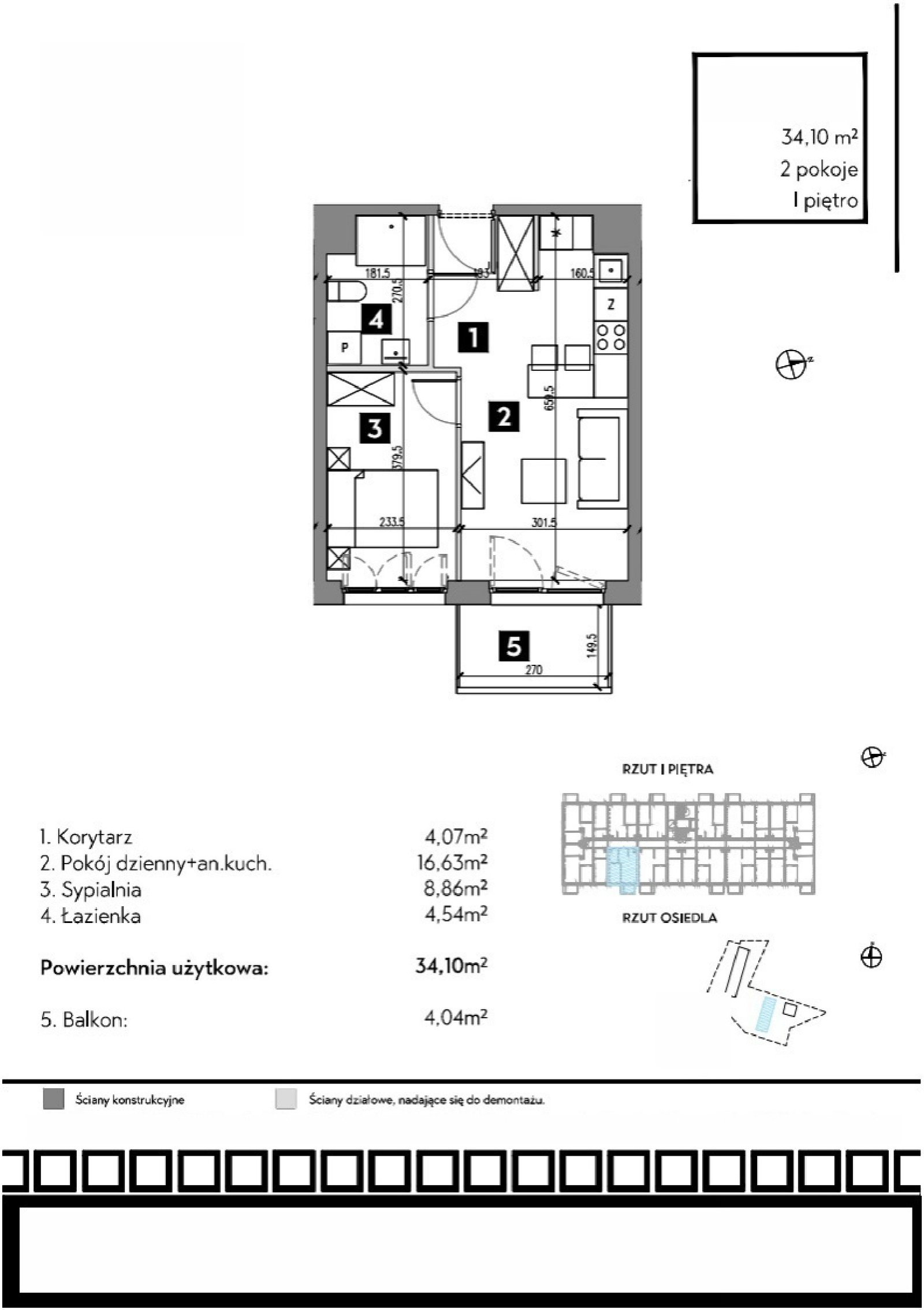 Rzut B1/1/11 — Osiedle Metr Kwadrat etap II, 34,1 m²