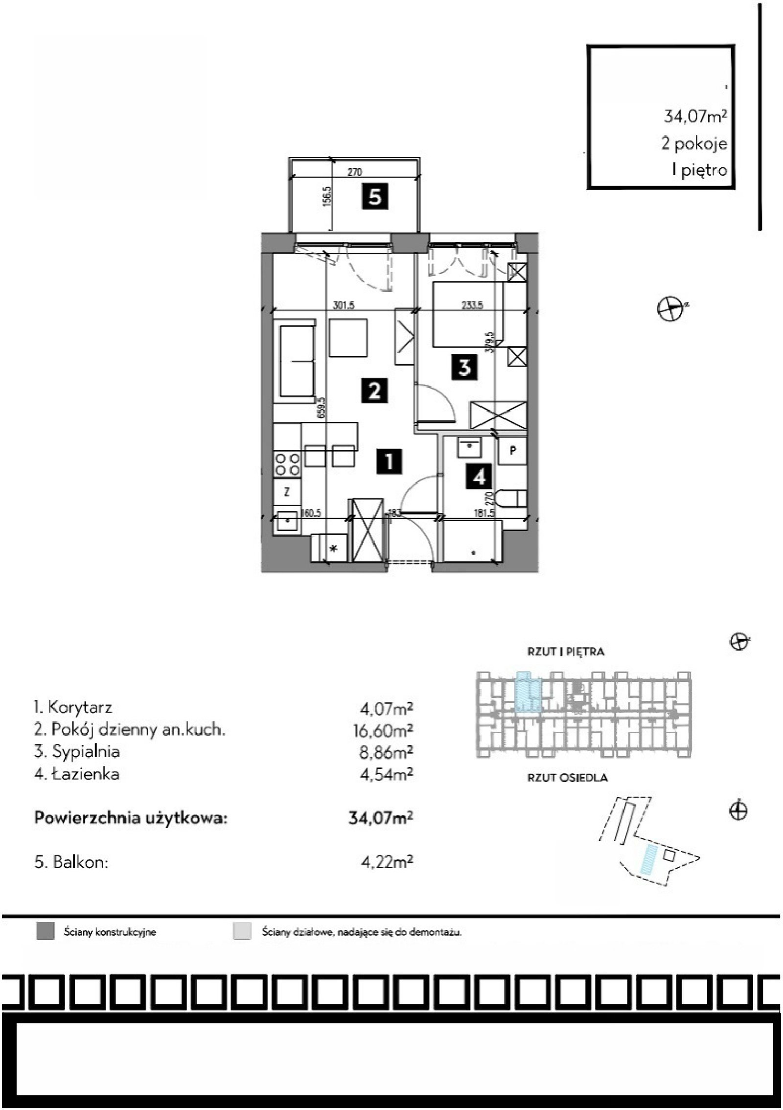 Rzut B1/1/14 — Osiedle Metr Kwadrat etap II, 34,07 m²