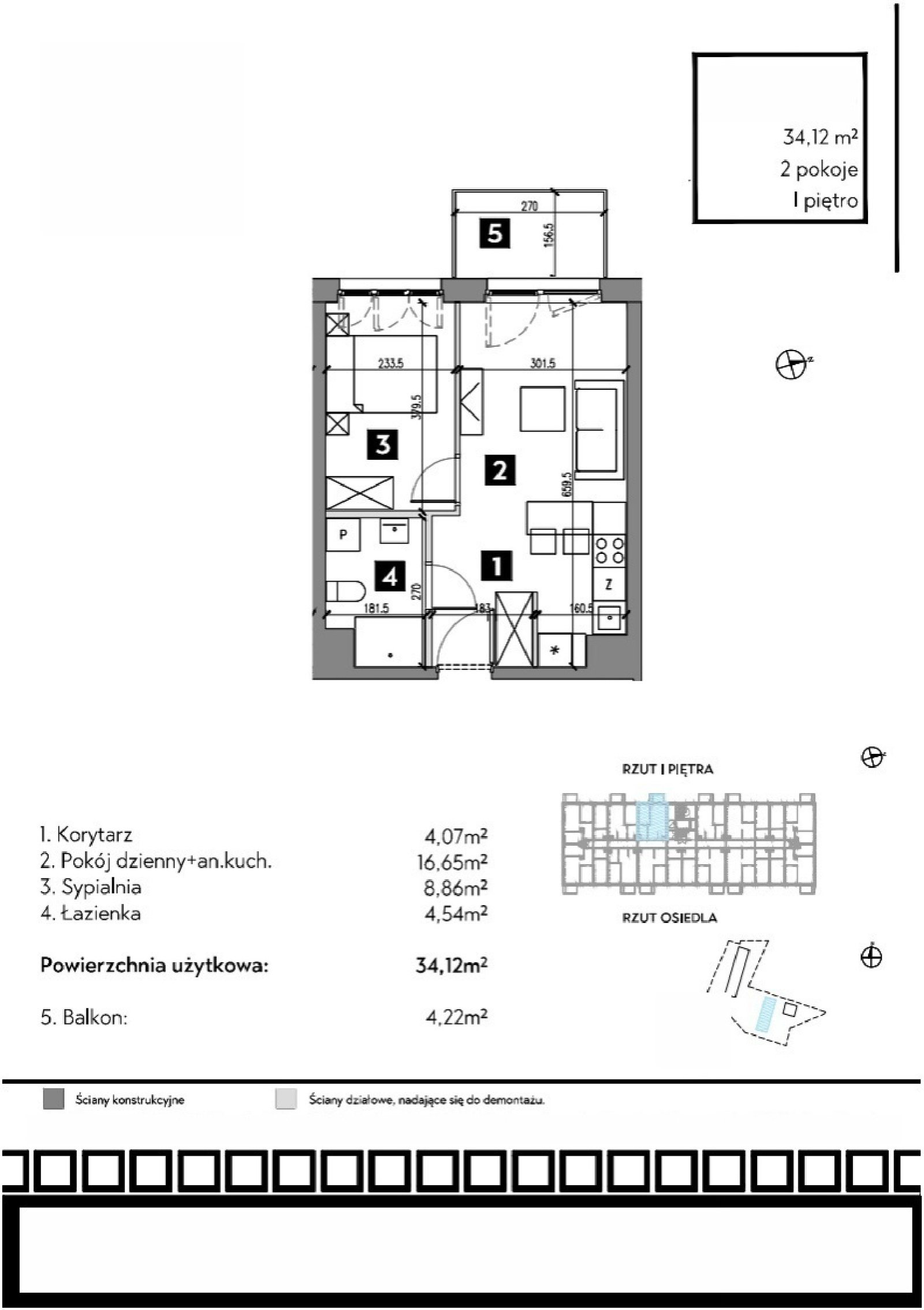Rzut B1/1/15 — Osiedle Metr Kwadrat etap II, 34,12 m²