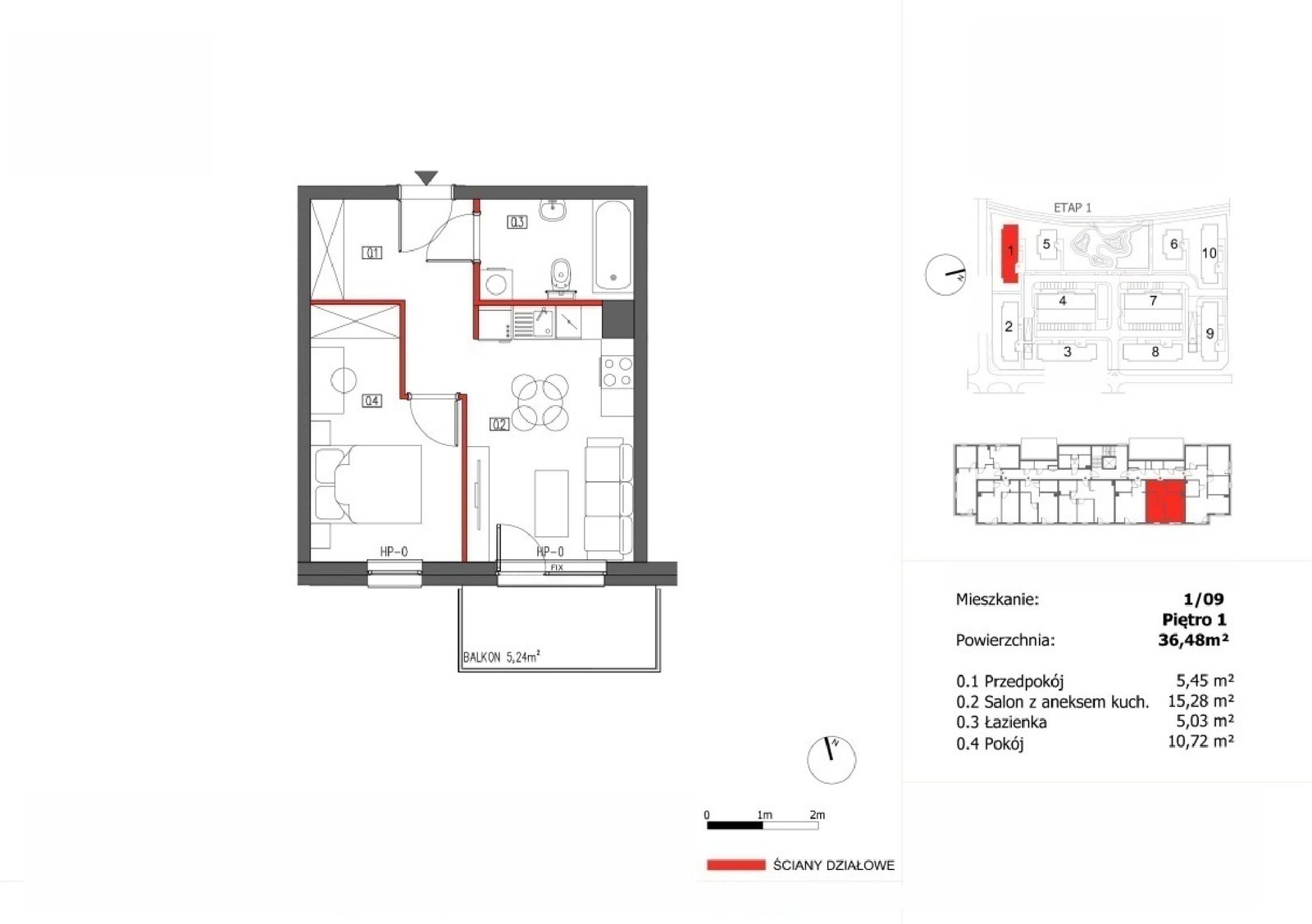 Rzut 1/9 — Słoneczny Zakątek – Mieszkania, 36,48 m²