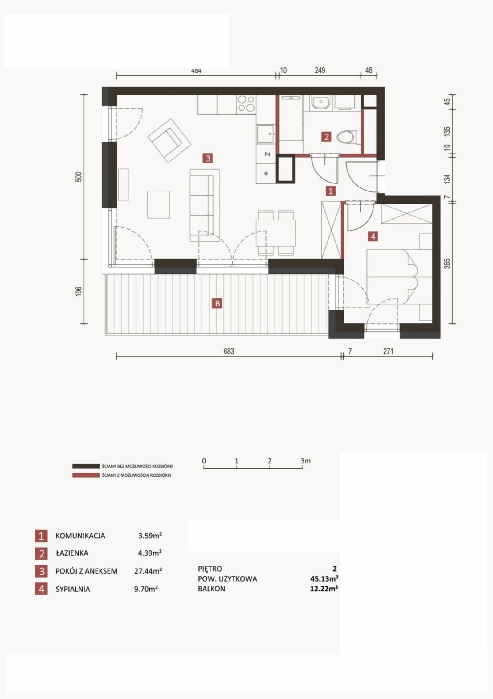 Rzut A1/2/1 — Horyzont Komorowice, 45,13 m²
