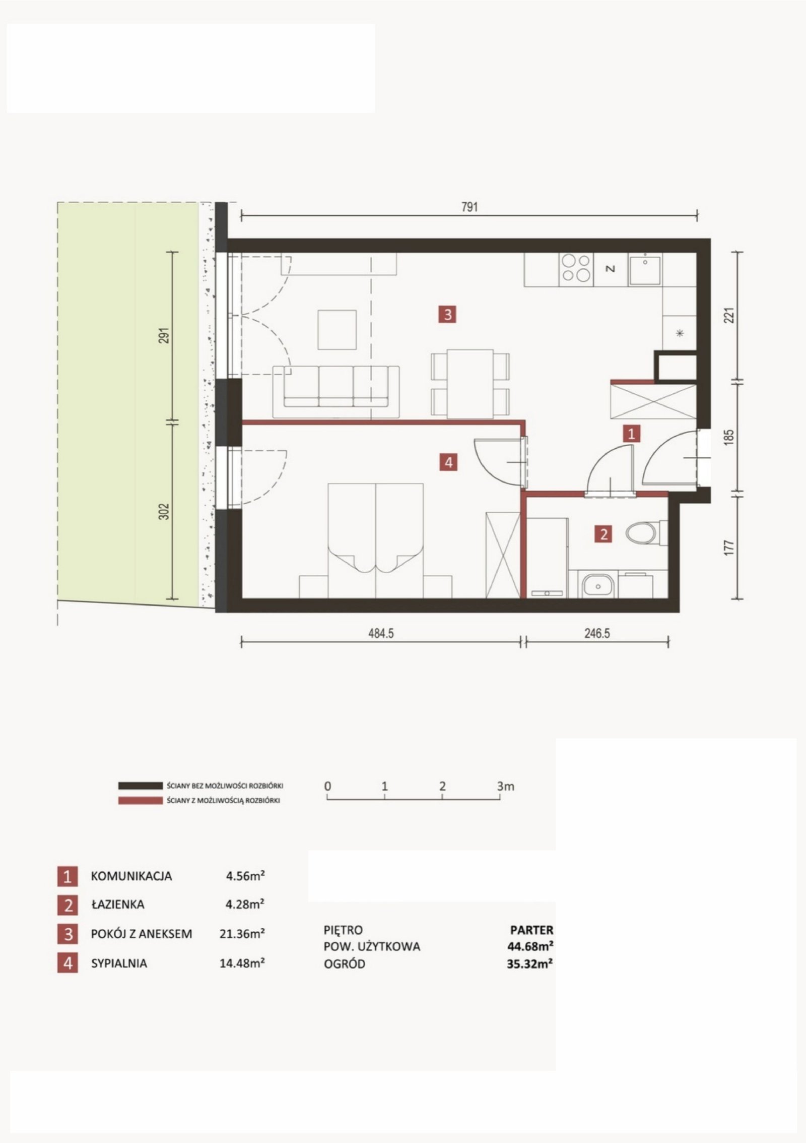 Rzut B1/0/4 — Horyzont Komorowice, 44,68 m²