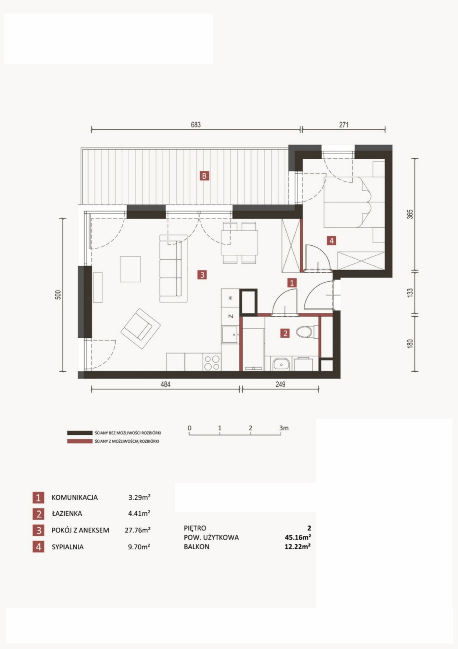 Rzut B1/2/1 — Horyzont Komorowice, 45,16 m²