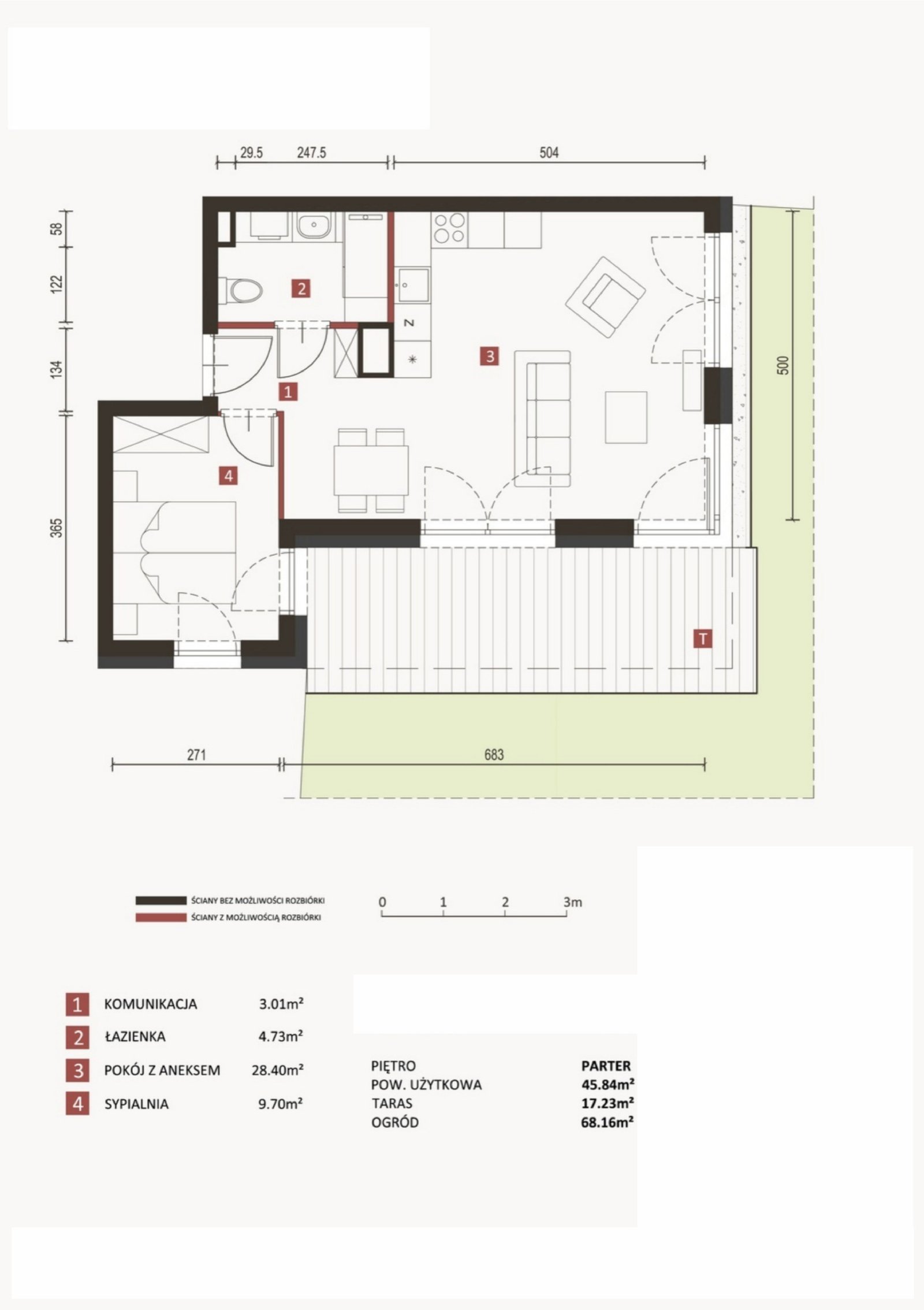 Rzut C1/0/1 — Horyzont Komorowice, 45,84 m²