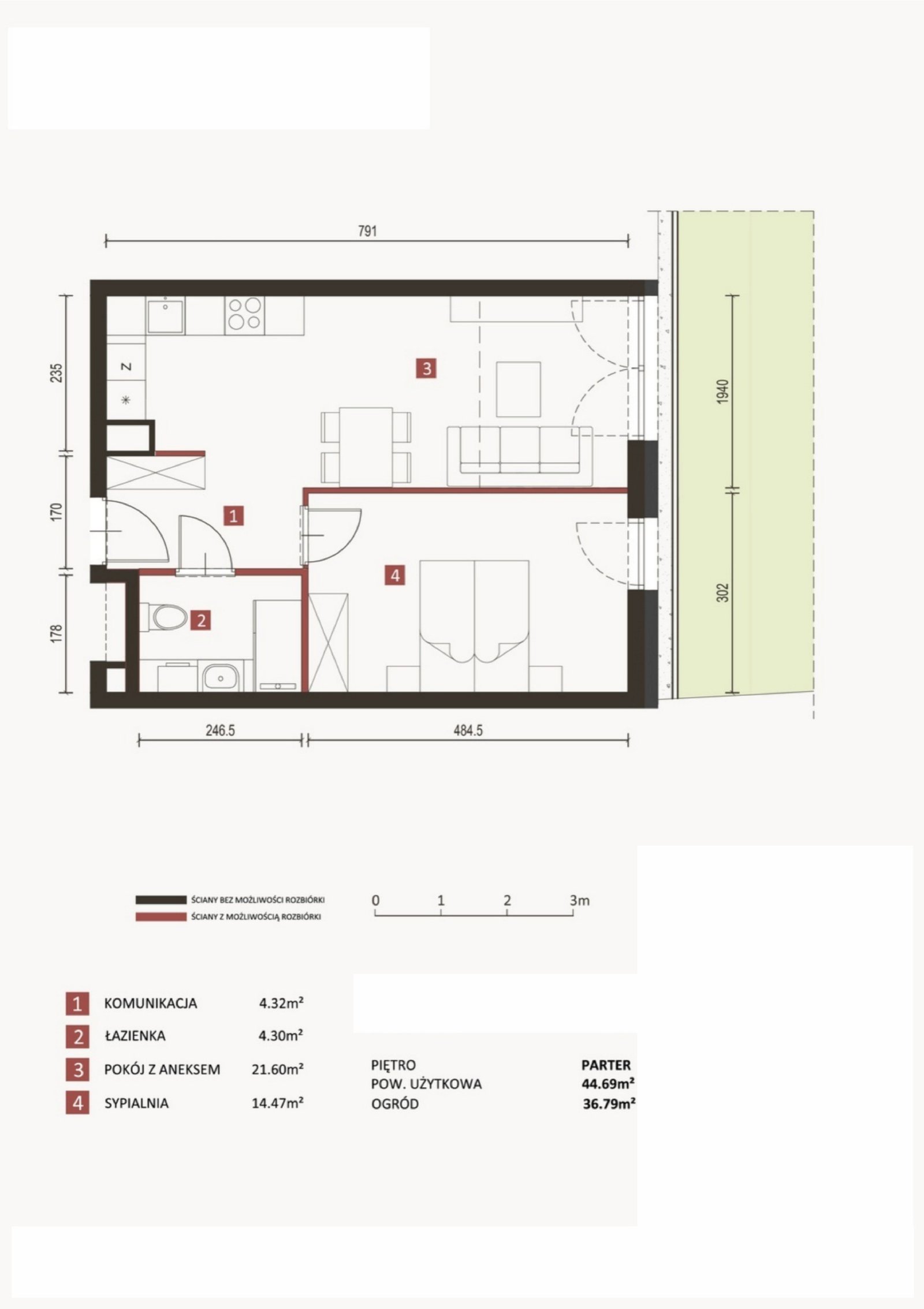Rzut D1/0/7 — Horyzont Komorowice, 44,69 m²
